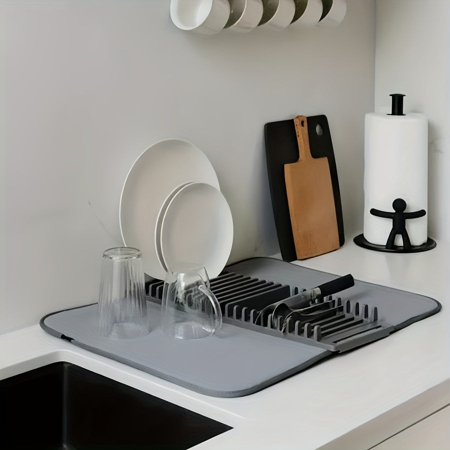 Foldable Non-Slip Dish Drainer Mat – Space-Saving Kitchen Counter Organizer with Absorbent Pad & Utensil Rack