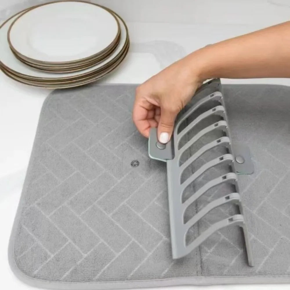 Foldable Non-Slip Dish Drainer Mat – Space-Saving Kitchen Counter Organizer with Absorbent Pad & Utensil Rack