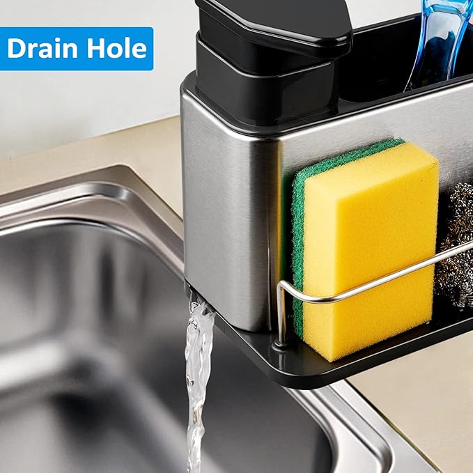 3-in-1 Kitchen Sink Organizer Set - Stainless Steel Soap Dispenser, Sponge Holder & Drain Rack