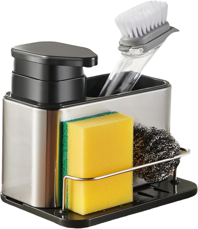 3-in-1 Kitchen Sink Organizer Set - Stainless Steel Soap Dispenser, Sponge Holder & Drain Rack