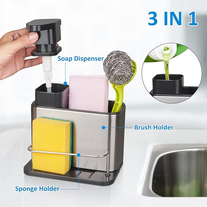 3-in-1 Kitchen Sink Organizer Set - Stainless Steel Soap Dispenser, Sponge Holder & Drain Rack