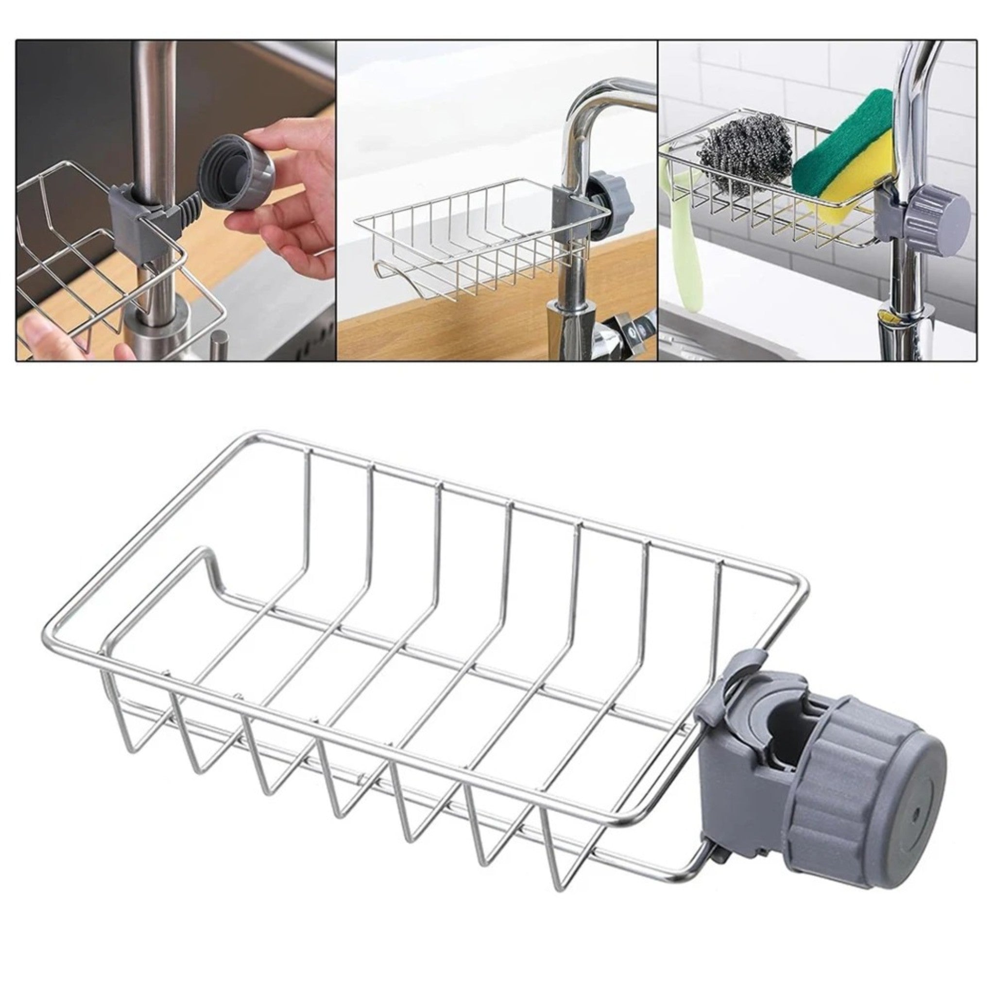 Stainless Steel Faucet Storage Rack – Adjustable Sink Sponge & Rag Holder