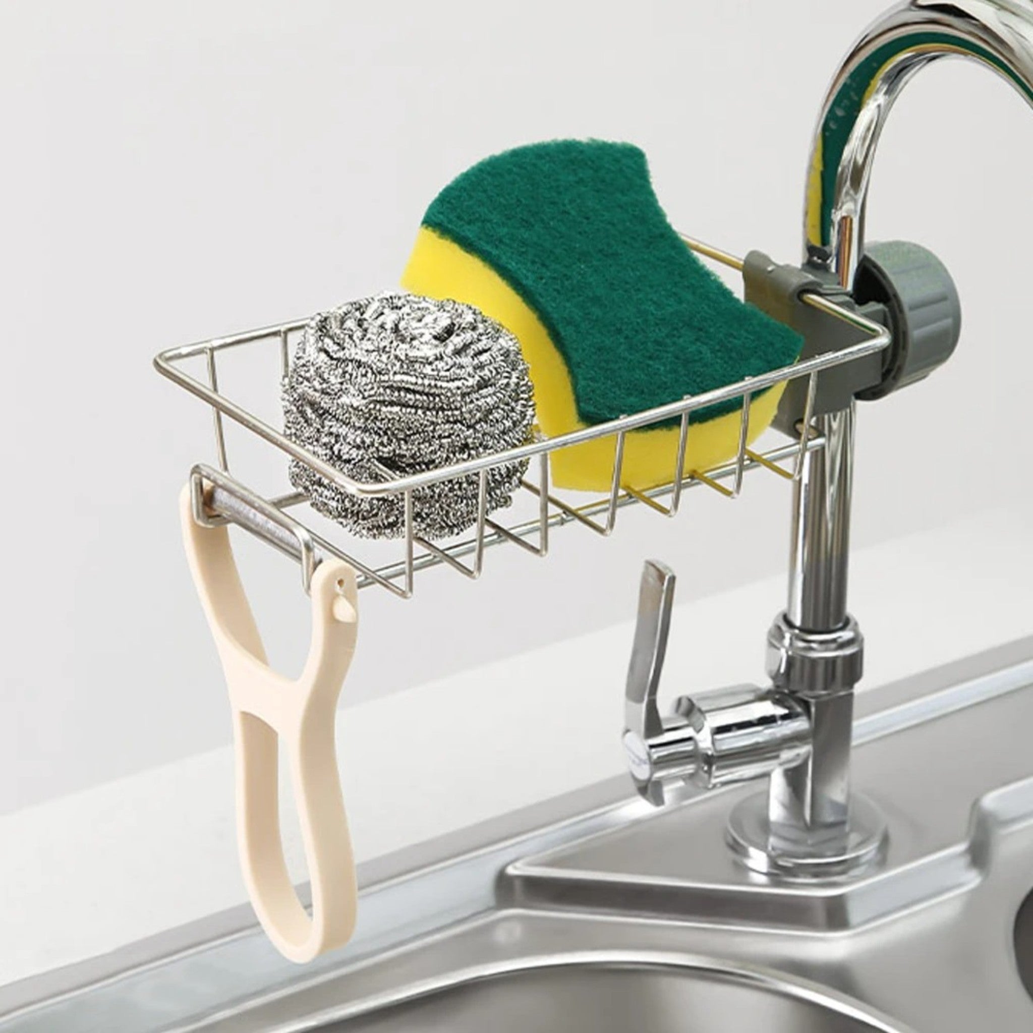 Stainless Steel Faucet Storage Rack – Adjustable Sink Sponge & Rag Holder